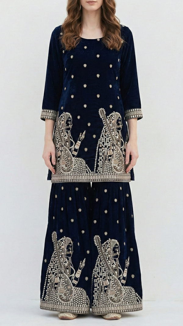 Navy Blue Velvet Fabric With All Over Faux Mirror, Zari And Sequins Work With One Side Heavy Border 20630