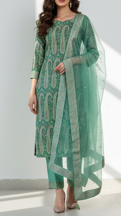 Rama Green Banarasi Brocade Fabric With All Over Thread And Golden Zari Handloom 21417