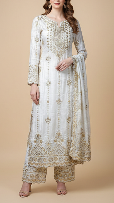 White Dyeable Crepe Fabric With All Over Katdana, Bead, Sequins And Zari Work With One Side Border 19017