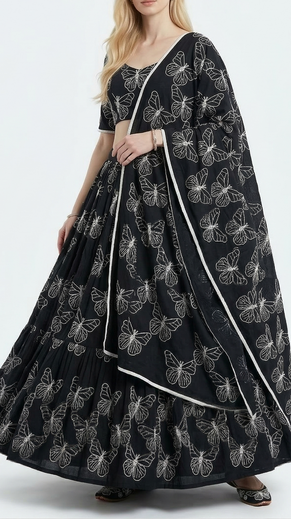 Black Cotton Fabric With All Over Butterfly Motif Of Dori And Thread Work 22479