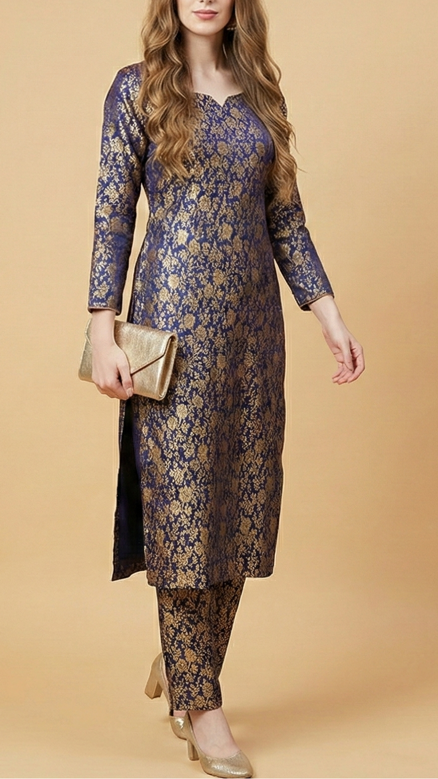 Navy Blue Banarasi Brocade Fabric With All Over Golden Zari Handloom 19469
