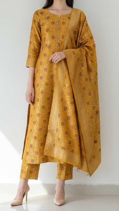 Mustard Banarasi Brocade Fabric With All Over Thread And Zari Handloom 20941