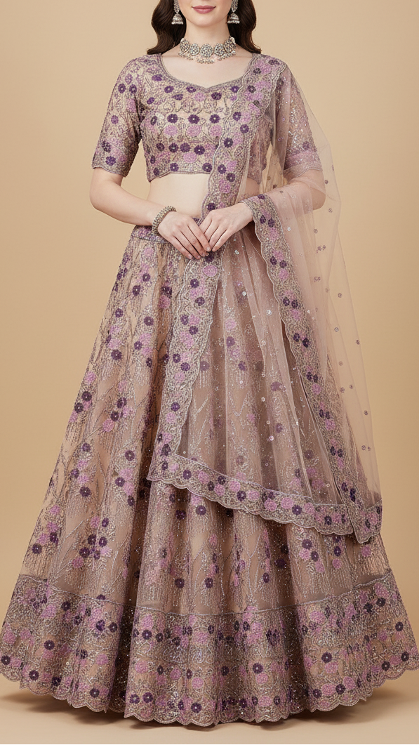 Purple Imported Net Fabric with Allover Ribbon Work, Katdana & Bead Work with Two-Side Scalloped Edges Border 19722