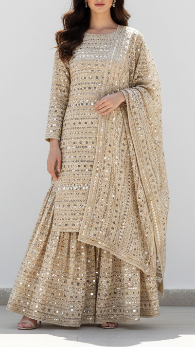 The Noor - Golden Dyeable Tissue Fabric With All Over Zari, Sequins And Fuax Mirror work | 21672