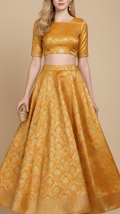 Mustard Banarasi Brocade Fabric With All Over Thread And Zari Handloom 20186