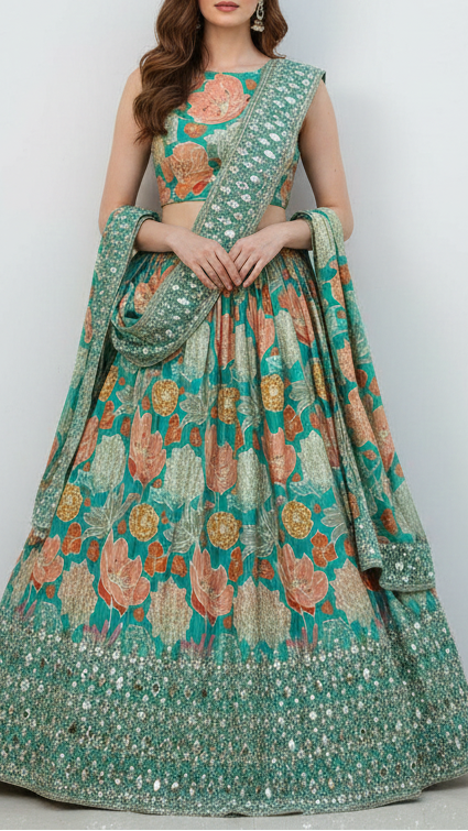 Rama Green Tissue Fabric With All Over Floral Print And One Side Bead, Sequins, Zari And Faux Mirror Border 20302