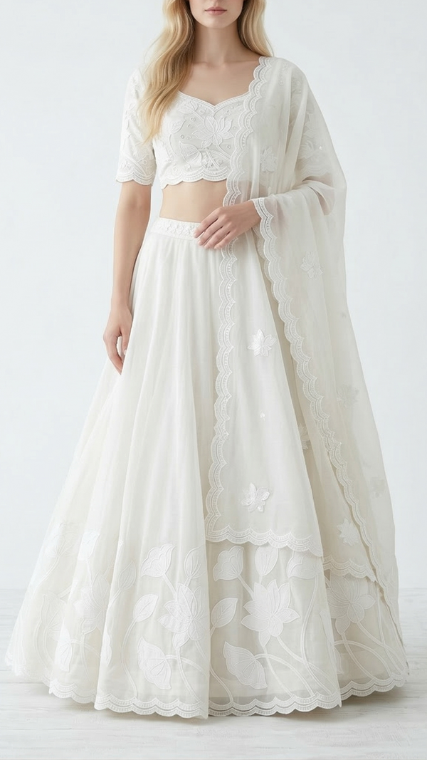White Dyeable Kora Cotton Fabric With Allover Thread And Patch Work With One Side Scalloped Border 22156