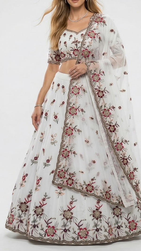 White Cotton Fabric With All Over Thread And Sequins Work With One Side Heavy Border 15603