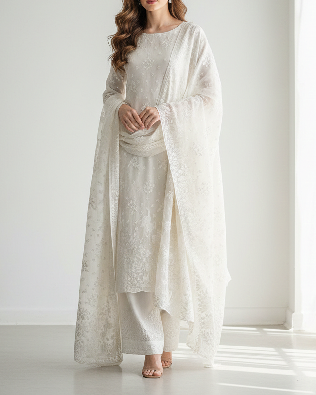 White Dyeable Silk Fabric With All Over Thread And Sequins Work With One Side Bird Motif Border 21584