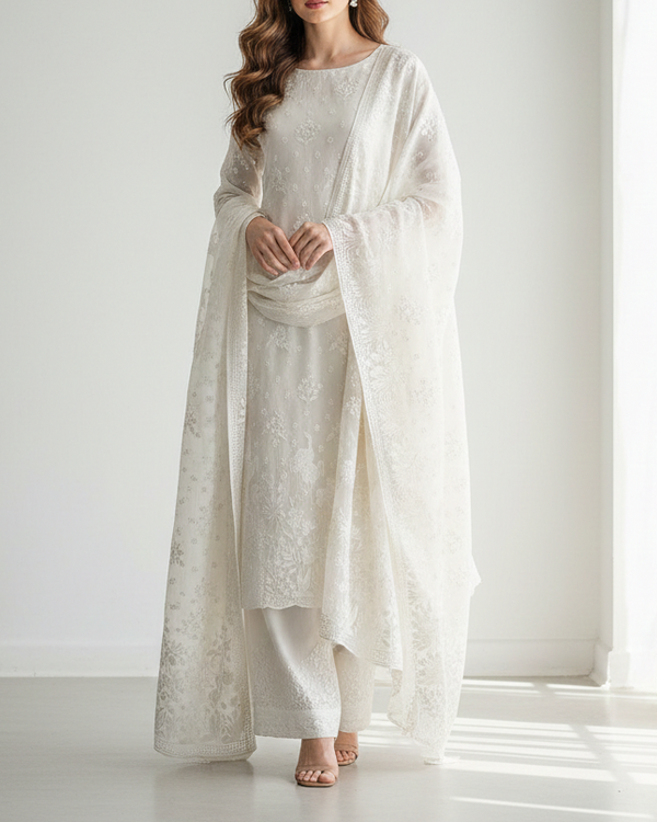 White Dyeable Silk Fabric With All Over Thread And Sequins Work With One Side Bird Motif Border 21584