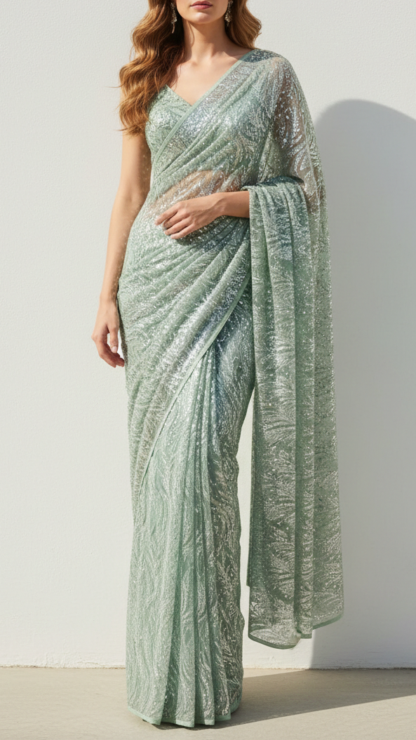 Sea Green Imported Net Fabric With All Over Sequins And Beads Work 22085
