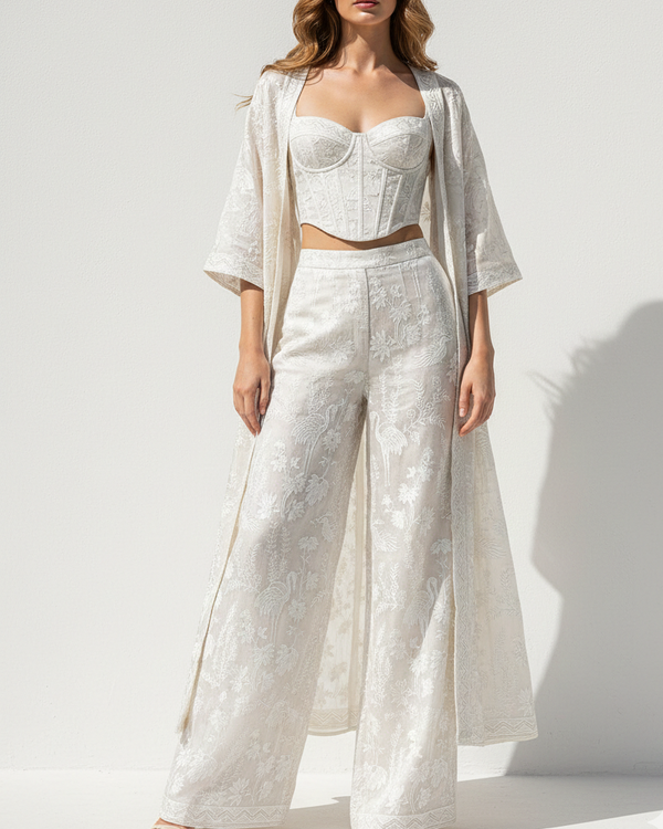 White Dyeable Silk Fabric With All Over Bird Motif Of Thread And sequins Work 21589