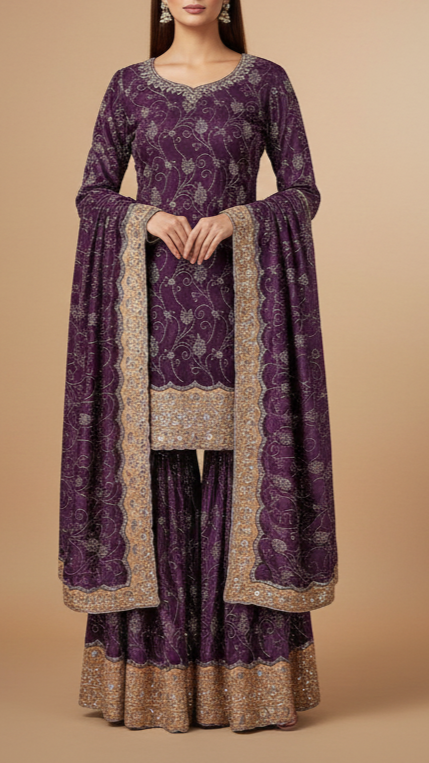 Lavender Velvet Fabric With All Over Buti Of Katdana And Bead With One Side Border 20623