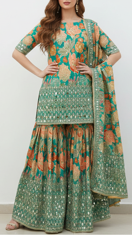 Rama Green Tissue Fabric With All Over Floral Print And One Side Bead, Sequins, Zari And Faux Mirror Border 20302