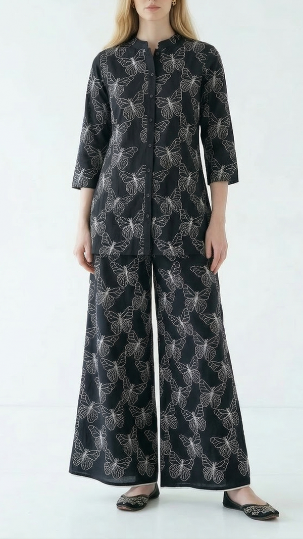 Black Cotton Fabric With All Over Butterfly Motif Of Dori And Thread Work 22479