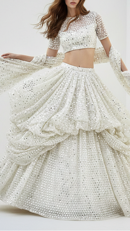 The Noor - White Dyeable Georgette Fabric With All Over Faux Mirror And Thread Work | 21614
