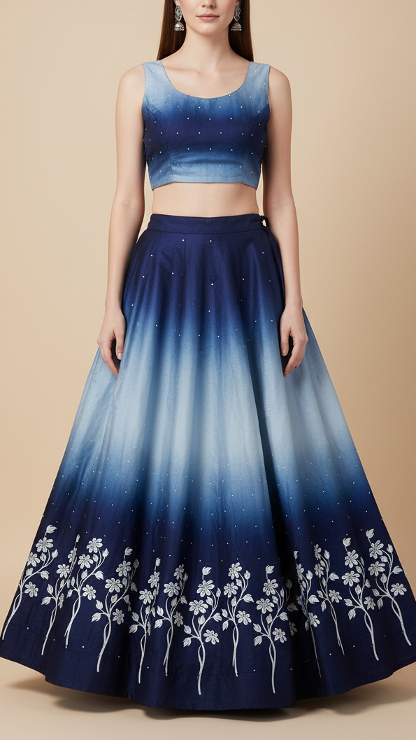 Navy Blue Silk Fabric With All Over Ombre Shade And Floral Print With Bead And Sequins Work 19964