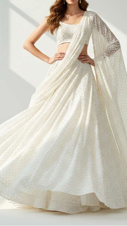 White Dyeable Georgette Fabric With All Over Zari, Sequins And Thread Work 21961