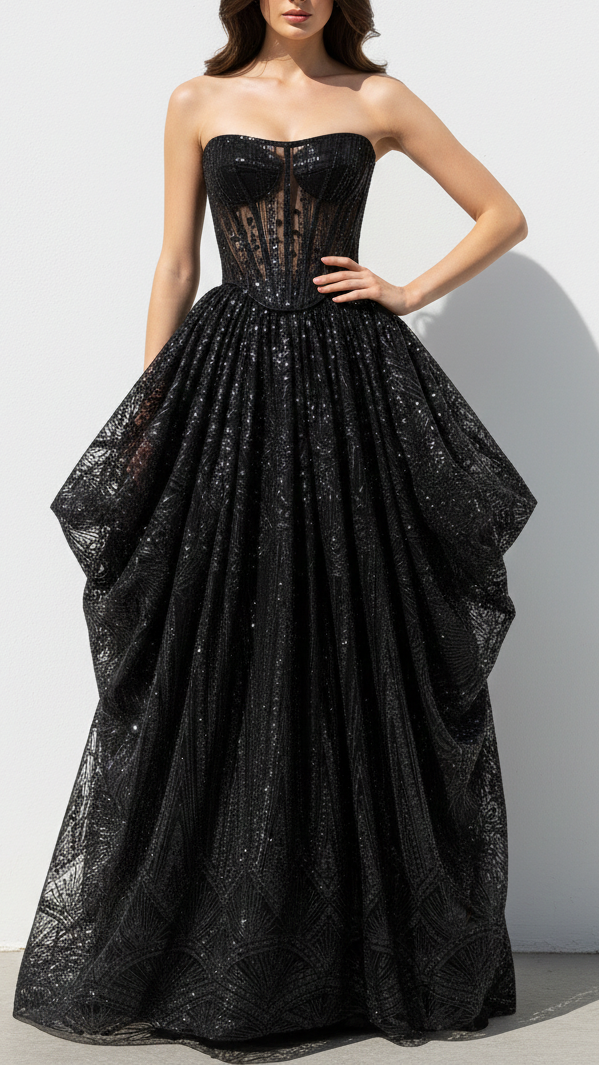 Black Imported Net Fabric With All Over Sequins And Beads Work With One Side Border 22092