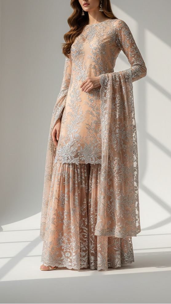 Peach Imported Net Fabric With All Over Bead And Sequins Work 22089
