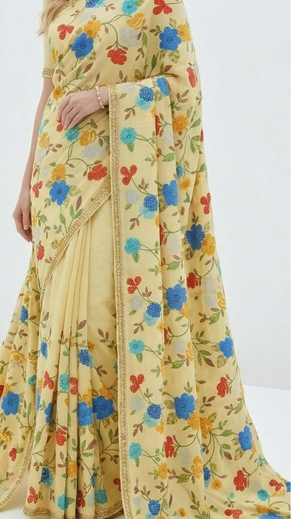 Lemon Yellow Muslin Fabric With All Over Sequins And Thread Work 22483