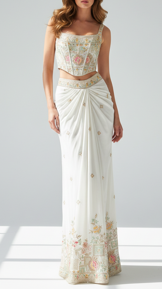 White Dyeable Organza Fabric With All Over Sequins, Bead, Katdana And Multi Color Thread Work With One Side Border 21720