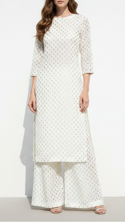 White Dyeable Georgette Fabric With All Over Zari, Sequins And Thread Work 21960