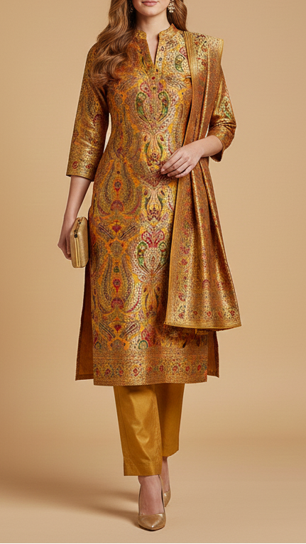 Mustard Pure Banarasi Brocade Fabric With All Over Thread And Zari Handloom 20429