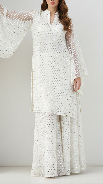The Noor - White Dyeable Georgette Fabric With All Over Faux Mirror And Thread Work | 21614