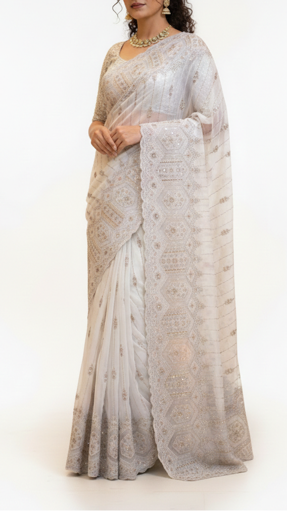 White Dyeable Georgette Fabric With All Over Katdana, Sequins, Zari And One Side Net Cutwork Border 19002