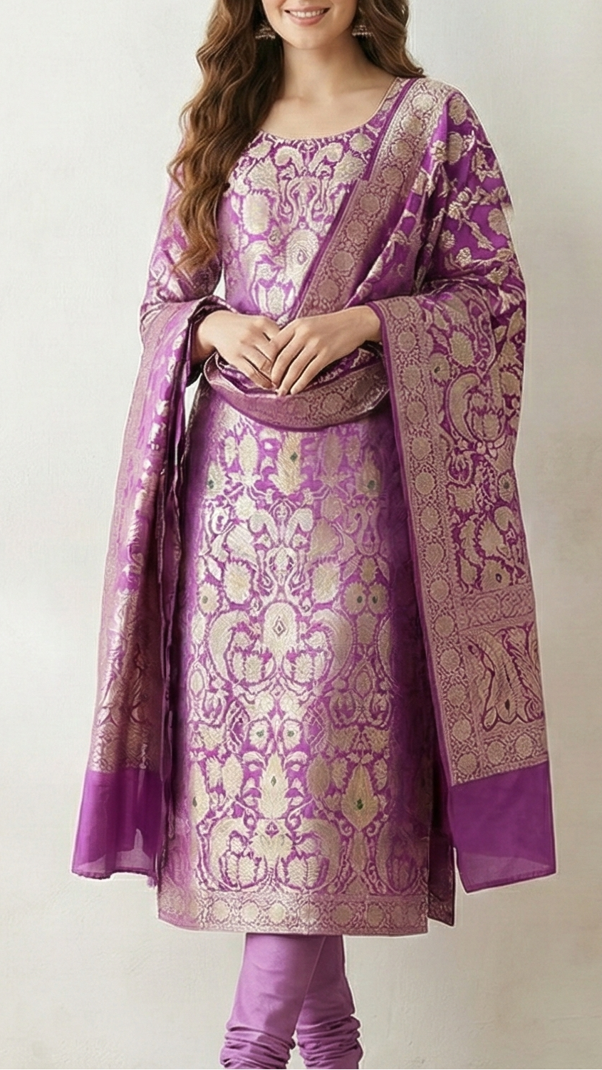 Lavender Pure Banarasi Brocade Fabric With All Over Thread And Zari Handloom 20788