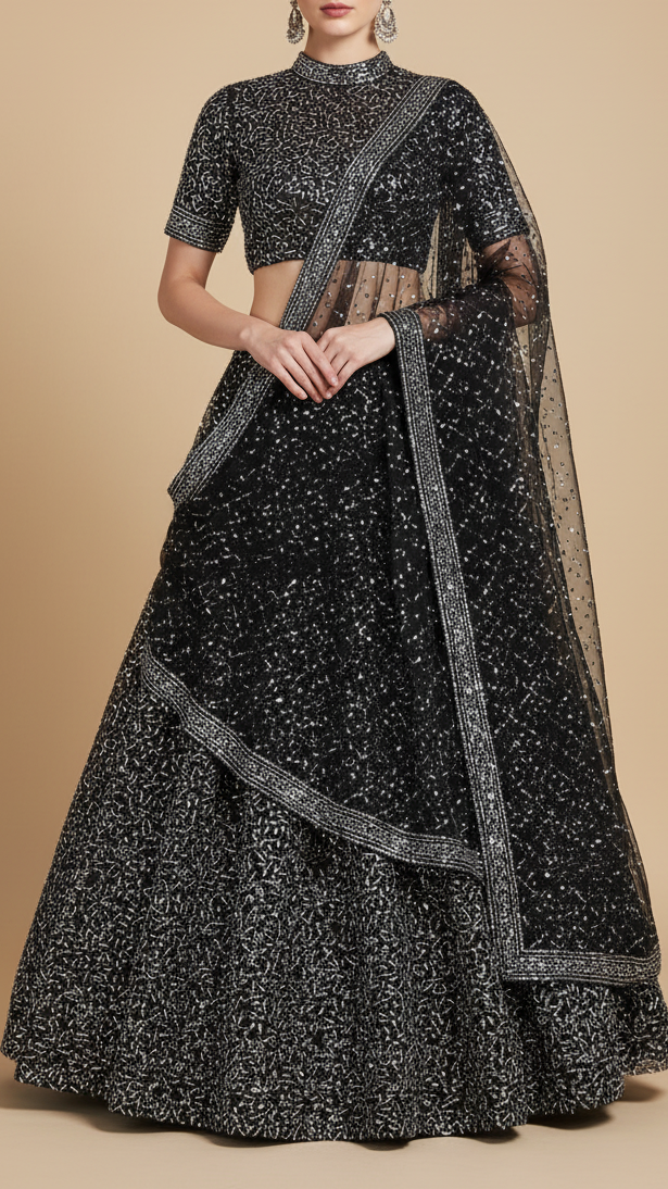The Noor - Black Net Fabric With Sequins And Faux Katdana Work | 19940