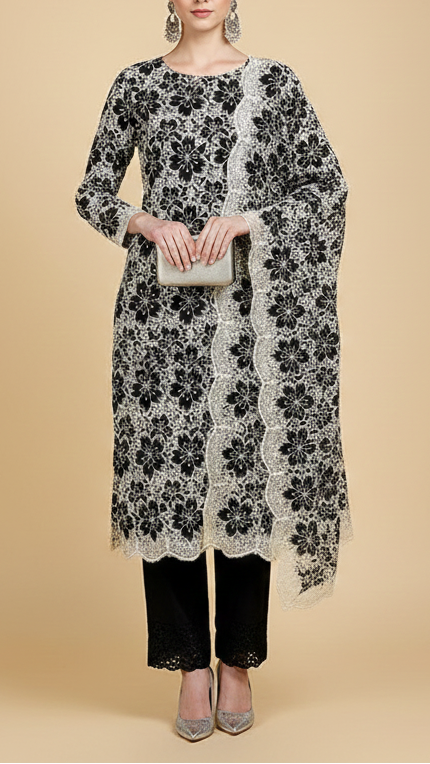 Black Imported Crepe Fabric with Allover Cutwork and Floral Patches 12929