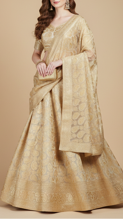 White Organza Tissue Fabric With All Over Golden Zari Handloom 20575