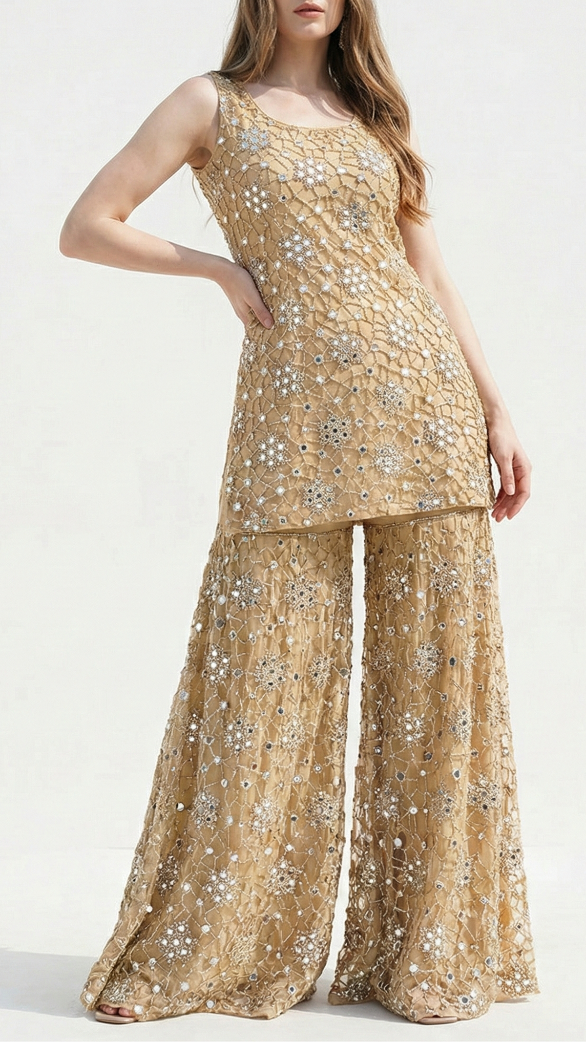 Golden Imported Net Fabric With All Over Faux Mirror, Bead, Sequins And Zari Work 21371