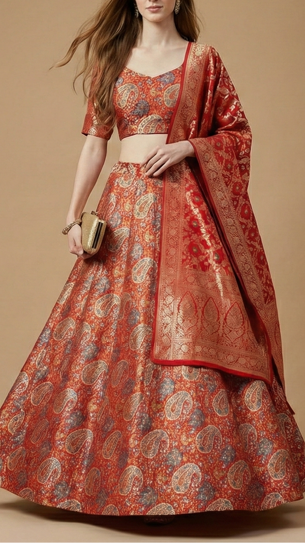 Red Banarasi Brocade Fabric With All Over Thread And Golden Zari Handloom 19274