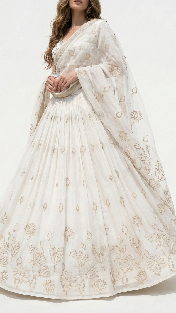 White Crepe Fabric with Allover Buti of Golden Zari Handloom With One Side Heavy Border 20991