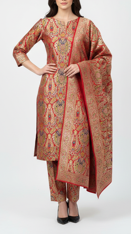 Red Pure Banarasi Brocade Fabric With All Over Thread And Zari Handloom 21529