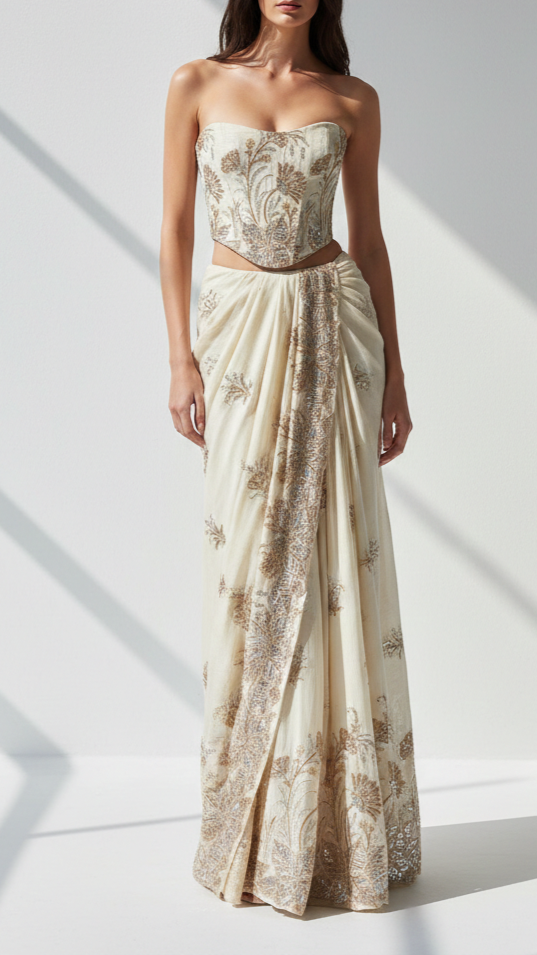 White Dyeable Silk Fabric With All Over Buti Of Zari, Sequins, Katdana And Bead Work With One Side Border 21939