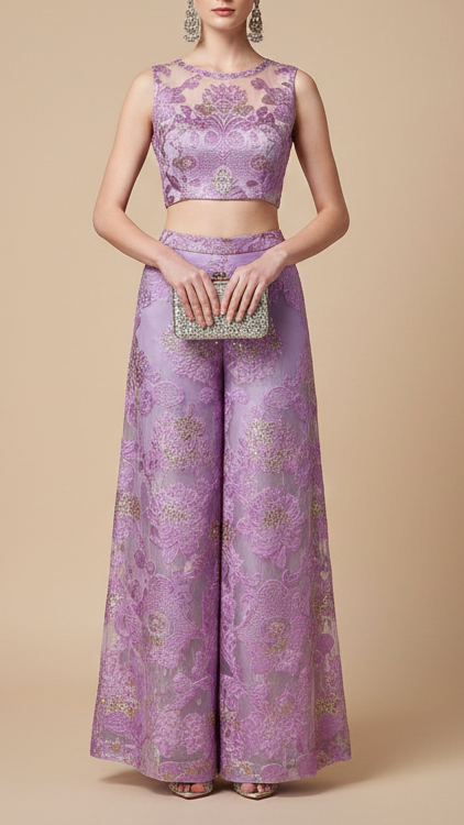 Lavender Imported Faux Organza Fabric with All-Over Embossed Work 15251