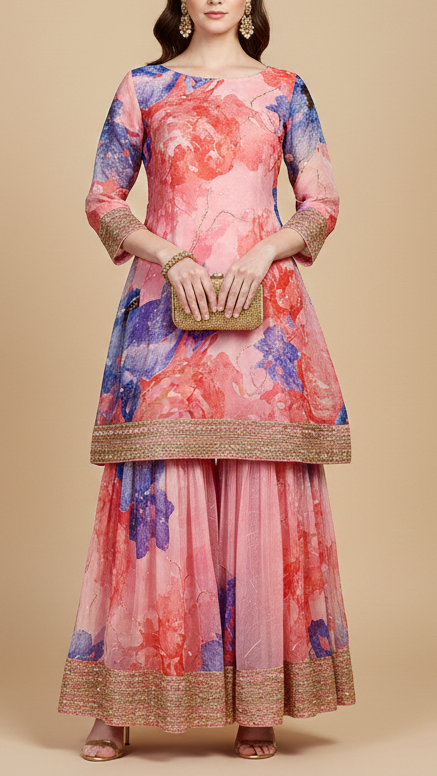 Pink Organza Fabric with All-Over Print, Katdana and Pearl Work 15234