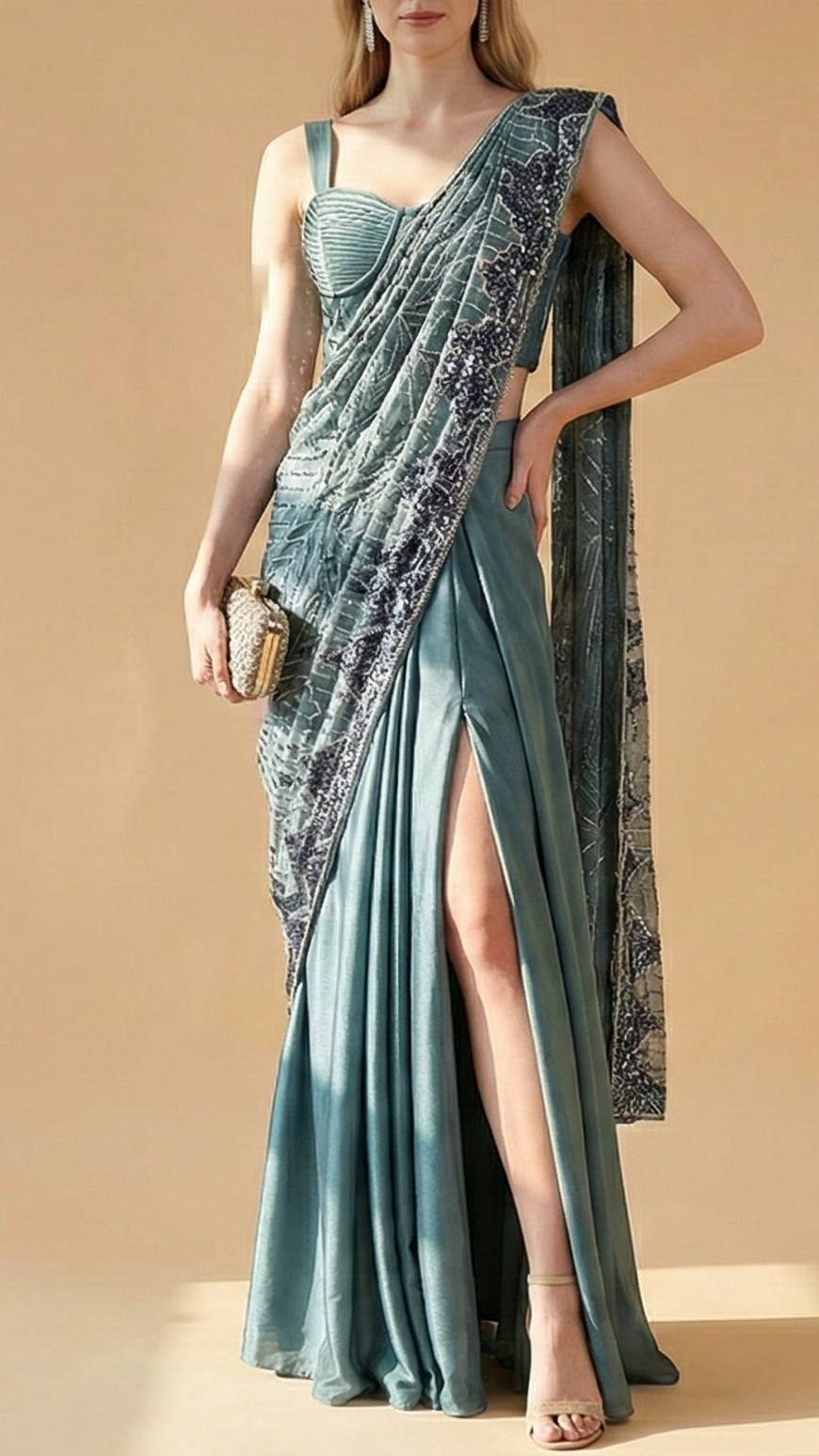 Deep Aqua Imported Organza Satin Fabric with All Over Katdana and Sequins Flowers 12815