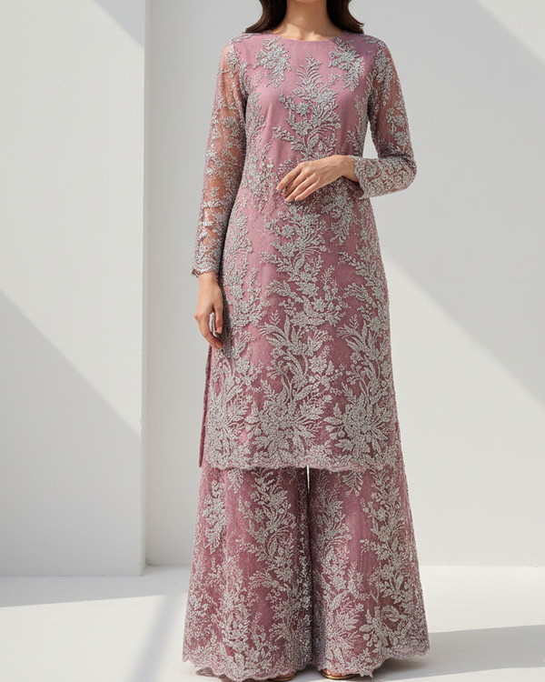 Dark Pink Imported Net Fabric With All Over Bead And Sequins Work 22087