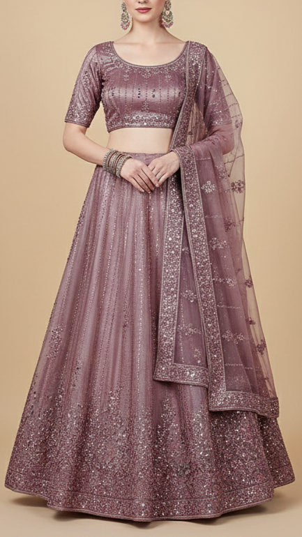 Blush Pink Imported Organza Satin Fabric With All Over Sequins, Katdana And Bead Work With One Side Heavy Border 16432