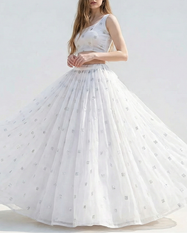 White Dyeable Organza Fabric With Allover Buti Of Silver Katdana, Bead And Sequins Work 21104