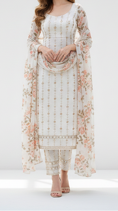White Dyeable Silk Fabric With All Over Stripes Of Beads, Katdana And Sequins Work 21567