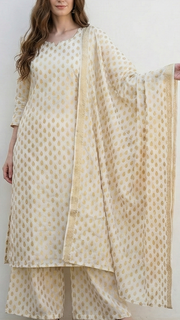 White Silk Fabric With All Over Golden Zari Handloom 20404