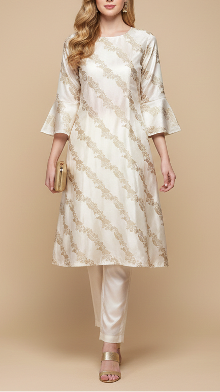 White Satin Fabric With Allover Diagonal Stripes Of Zari Handloom 20393