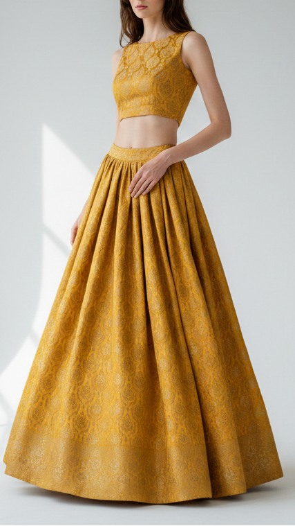 Mustard Banarasi Brocade Fabric With All Over Thread And Golden Zari Handloom 21825
