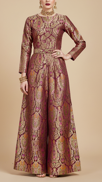 Wine Pure Banarasi Brocade Fabric with Allover Golden Zari Handloom 19919